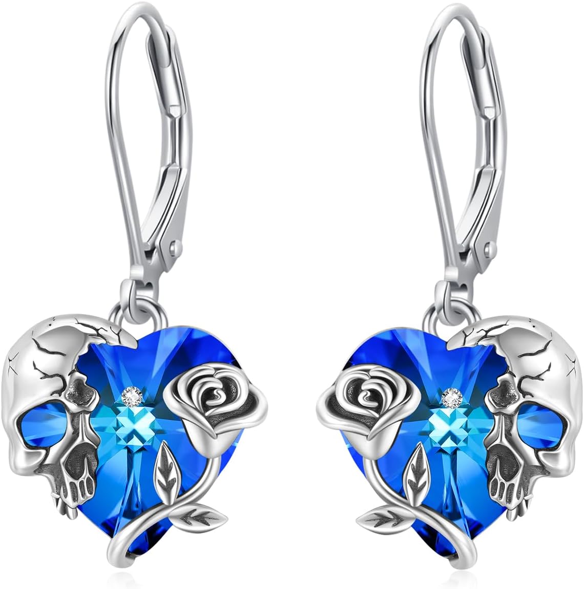 Rose Skull Earrings S925 Sterling Silver Heart Crystal Birthstone Dangle Drop Earrings Hypoallergenic Gothic Skull Leverback JJewelry Gift for Mom Daughter Wife