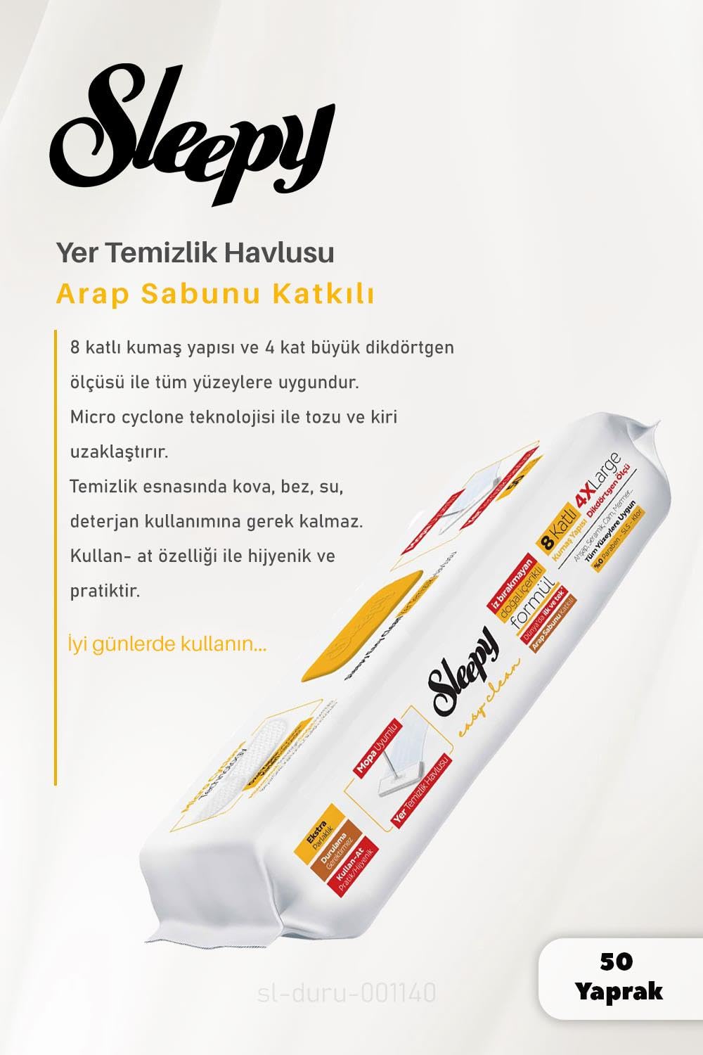Sleepy Arap Sabunu,Çamaşır Suyu, Beyaz Sabun Katkılı 4 XL Yer Temizlik Havlusu 50 Yaprak ve ROSIE Pamuk