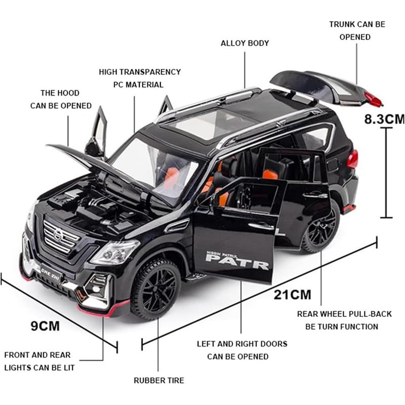 Image of Kids Model 1:24 N Petrol Die Cast Metal Car Pull Back Action Opening Doors with Realistic Engine Sound Lights Toy Car Gift for Boys - Black