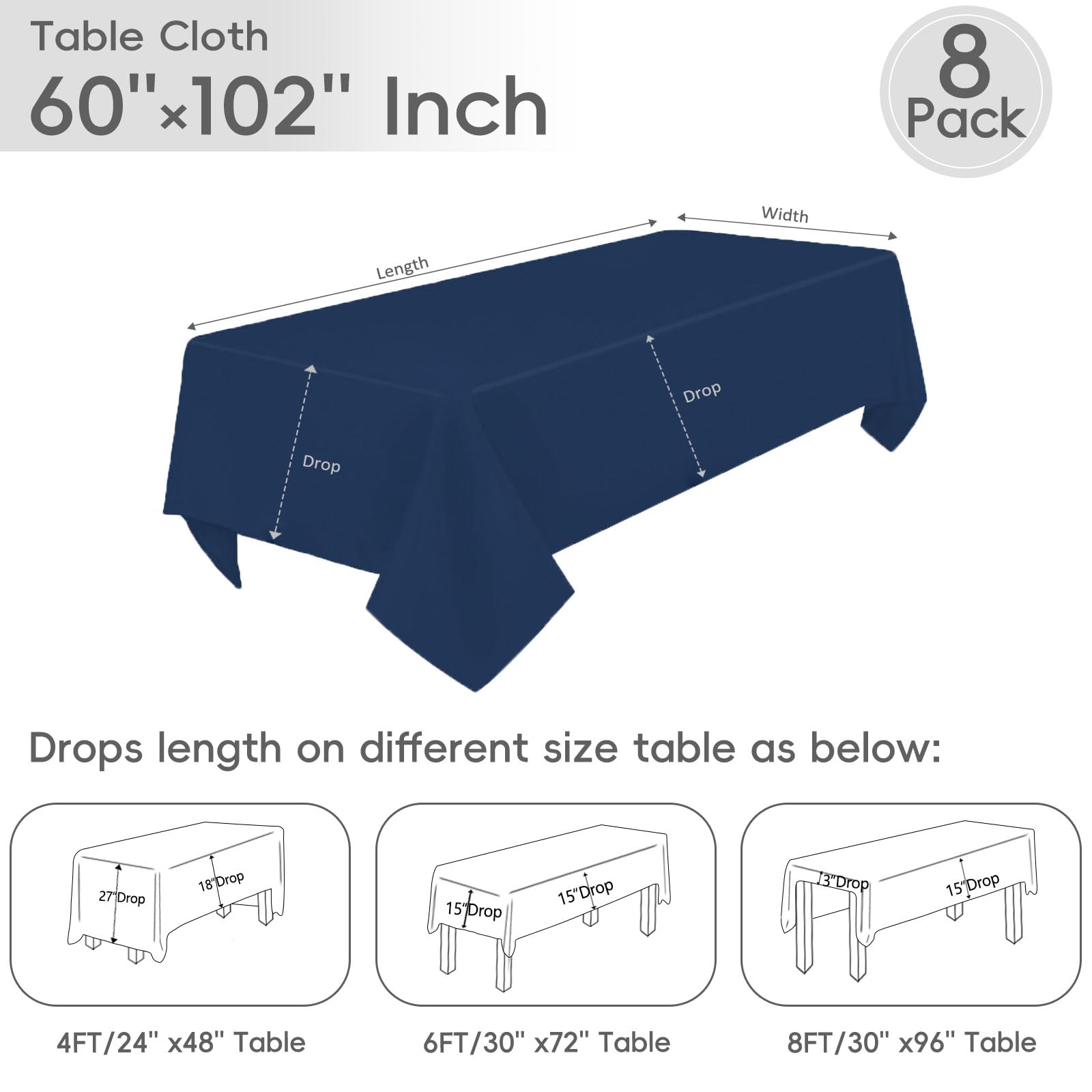 Lot de 8 nappes rectangulaires en polyester pour tables rectangulaires de 1,8 m, infroissables, lavables, pour mariage, banquet, buffet et camping - Bleu marine - 152,4 x 259,1 cm