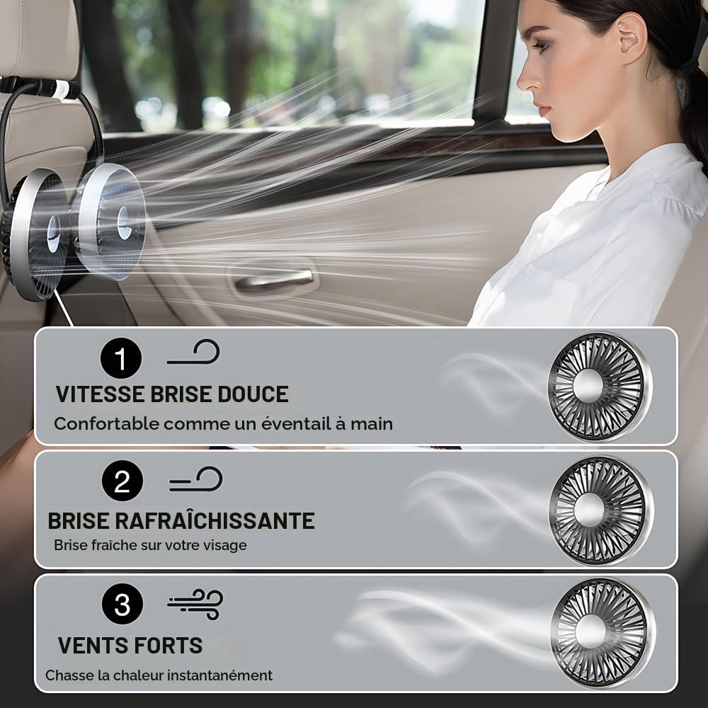 Ventilateur de voiture pour siège arrière, double tête, 12 V, rotation à 360 °, USB, avec 3 vitesses et 2 niveaux de luminosité, lumière LED pour camion, camionnette, SUV