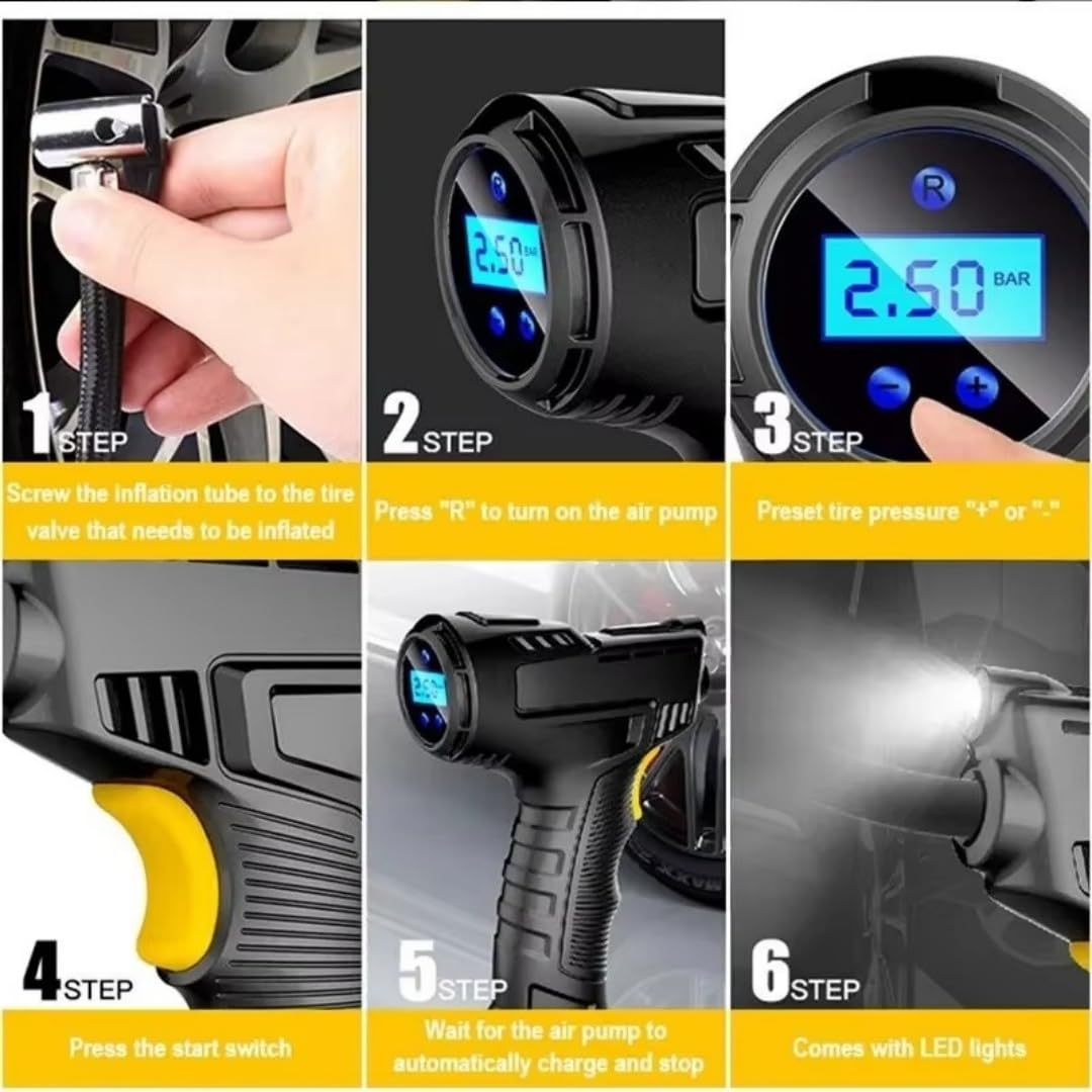Compresor Aire Portatil 150PSI 120W - Inflador Ruedas Coche Recargable USB-C, con Pantalla LCD y Luz LED, Hinchador Electrico para Moto/Bicicleta/Balones y Etc