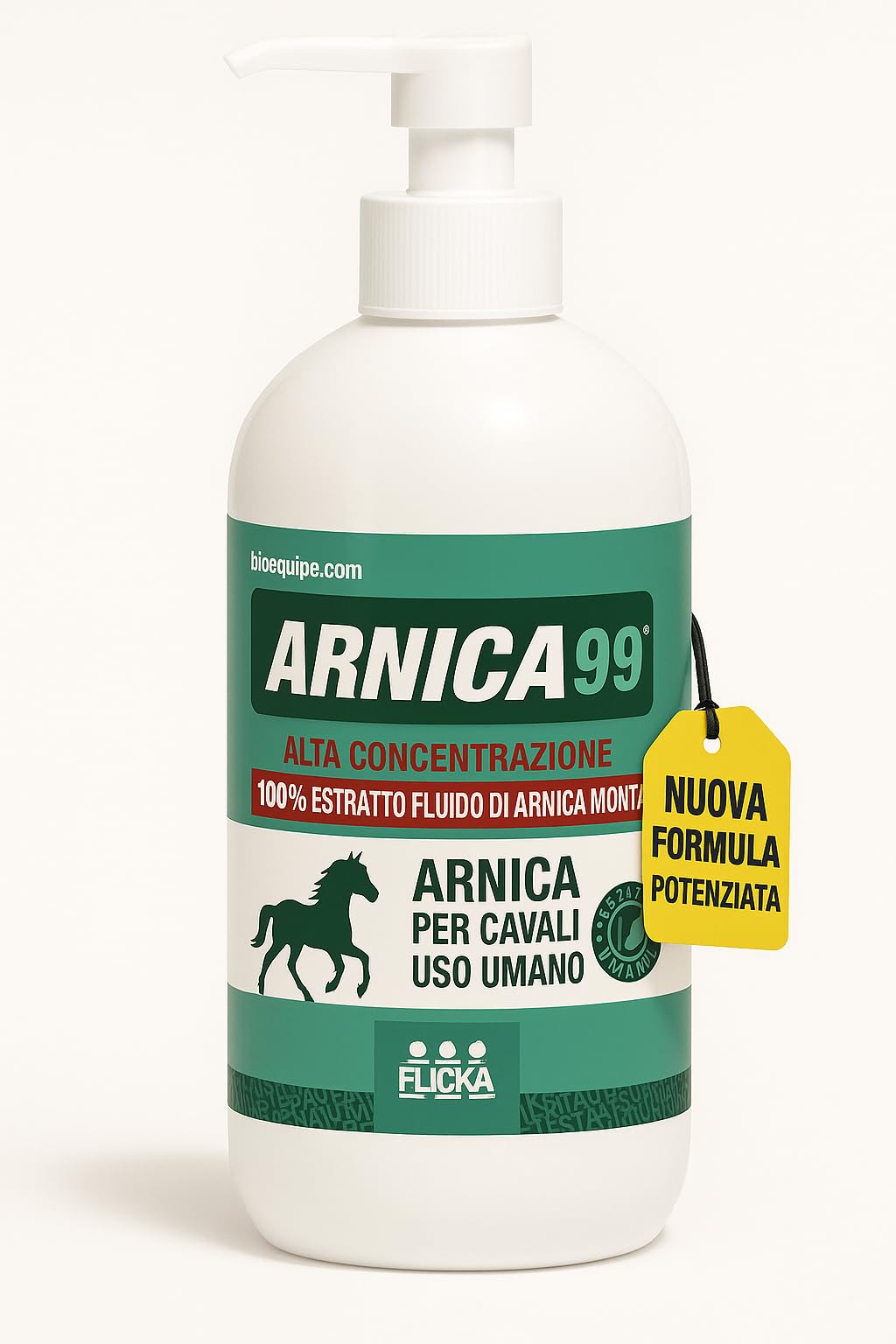 Árnica para caballos de uso humano Flicka - Extracto fluido 100% extra fuerte e intenso Made in Italy masaje músculos y articulaciones Origen natural dermatológicamente testado Envase 500 ml (botella)