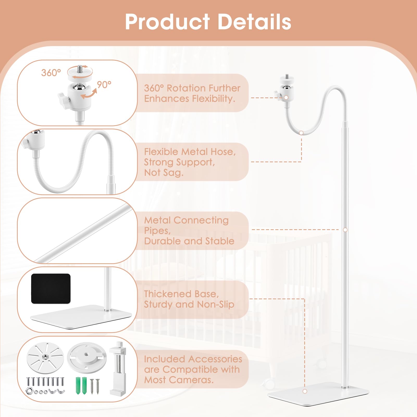 Support universel pour moniteur de bébé, hauteur réglable de 95 à 175 cm, compatible avec HelloBaby, VTech, TP-Link, Babysense, Boifun et toutes les caméras avec support de moniteur bébé à vis 6,35 mm