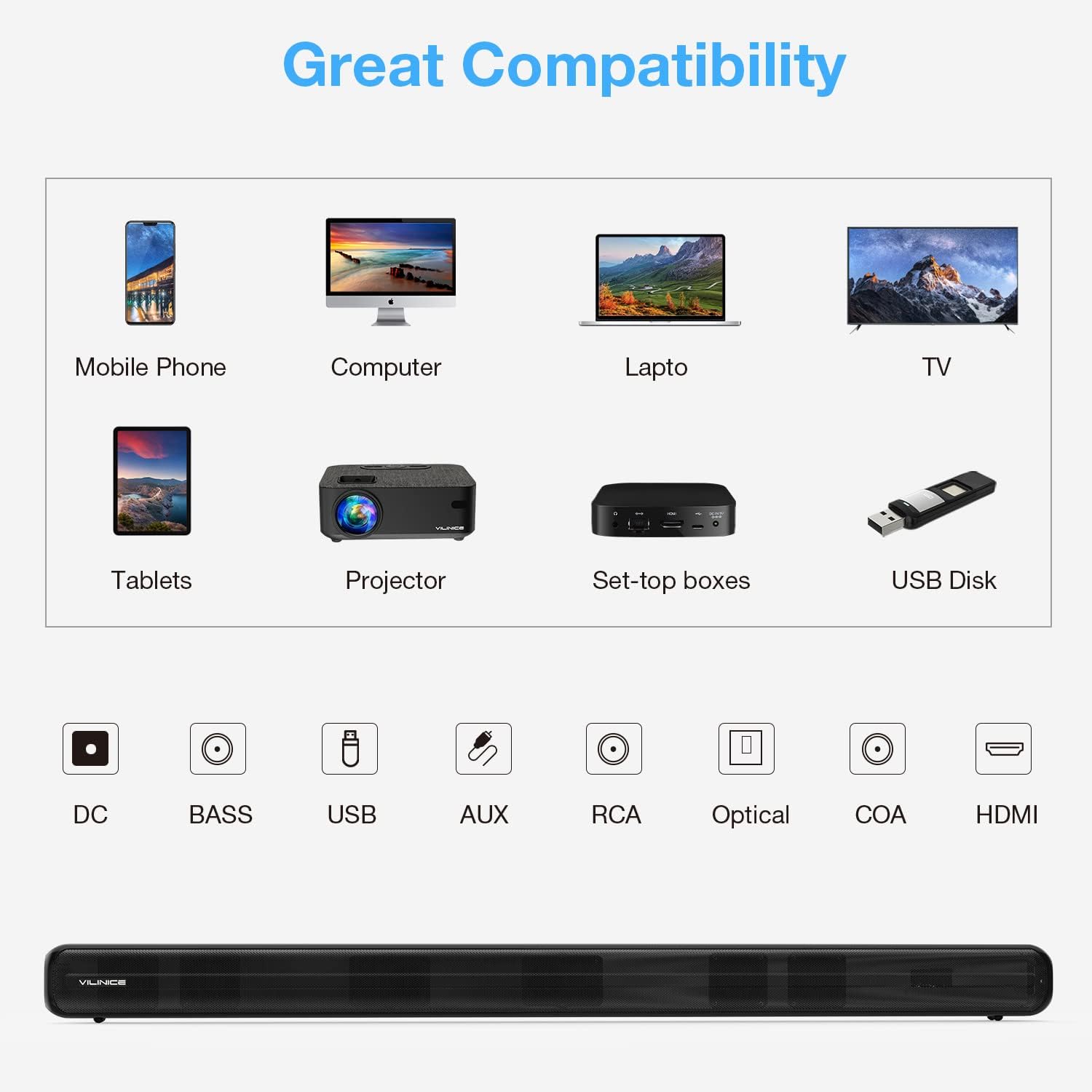 VILINICE Sound Bar Compatibility and Ports