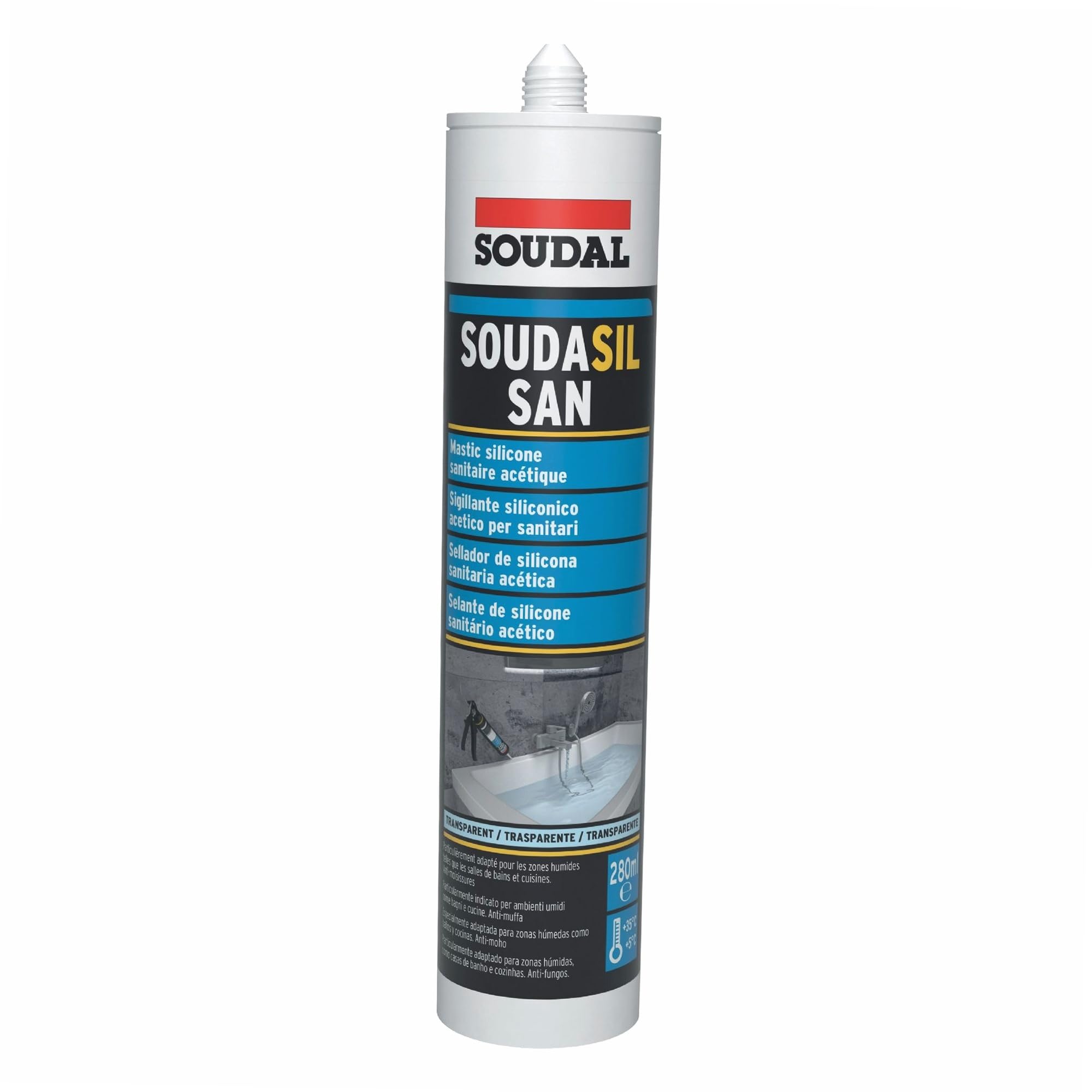 SOUDAL Silicone sanitaire acétique 280ml - Soudasil SAN Transparent - Droguerie