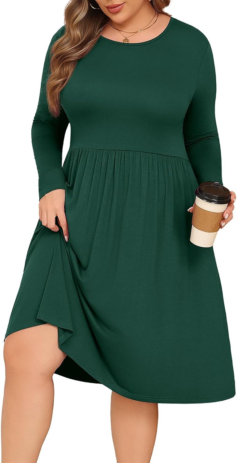 POSESHE Women's Plus Size Dresses Long Sleeves Crew Neck Casual Dresses Empire Waist Loose Flowy Dress with Pockets