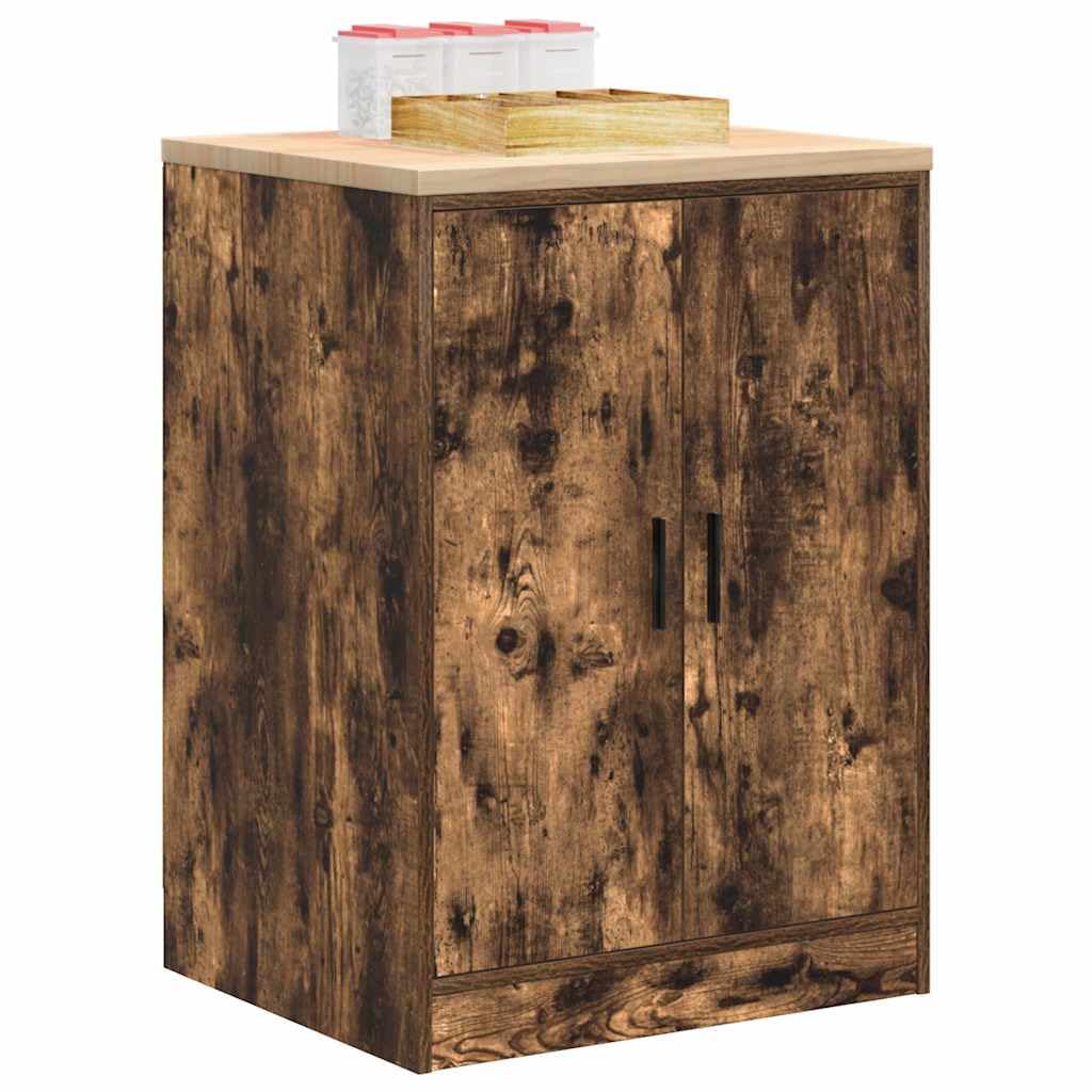 Garagenschrank Räuchereiche 60x51x85 cm Werkzeugschrank mit Massivholz Kiefer Arbeitsplatte, Stabiler Aufbewahrungsschrank mit 2 Fächern für Werkstatt, Garage und Keller