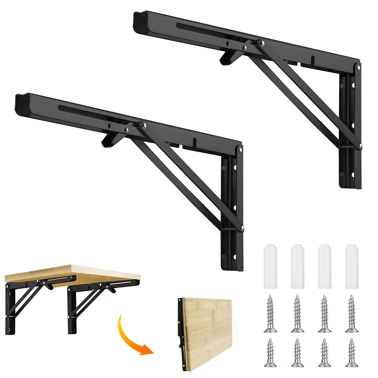 Gentpovth 2 Piezas 400mm Escuadras Abatibles, negro Soporte Estantería Plegable, Soporte Estantería Plegable Metal con Tornillossado, Soportes Estanterías Escuadras Metálicas Carga