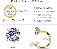 Vista 3 de Aretes de aro de plata de ley chapados en oro de 14 quilates con amatista morada para mujeres y niñas