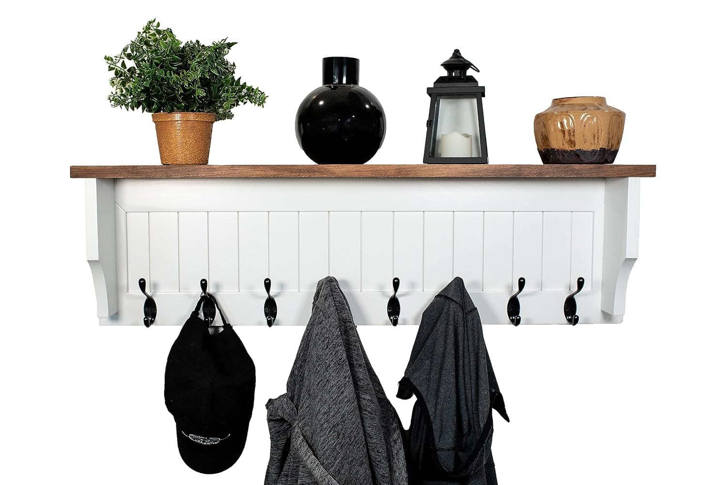 Wood coat rack with shelf-wooden coat rack wall mount wall coat rack with shelf-entryway shelf entryway coat rack-dog leash holder-keys rack (36" with 8 hooks, White/walnut combination)