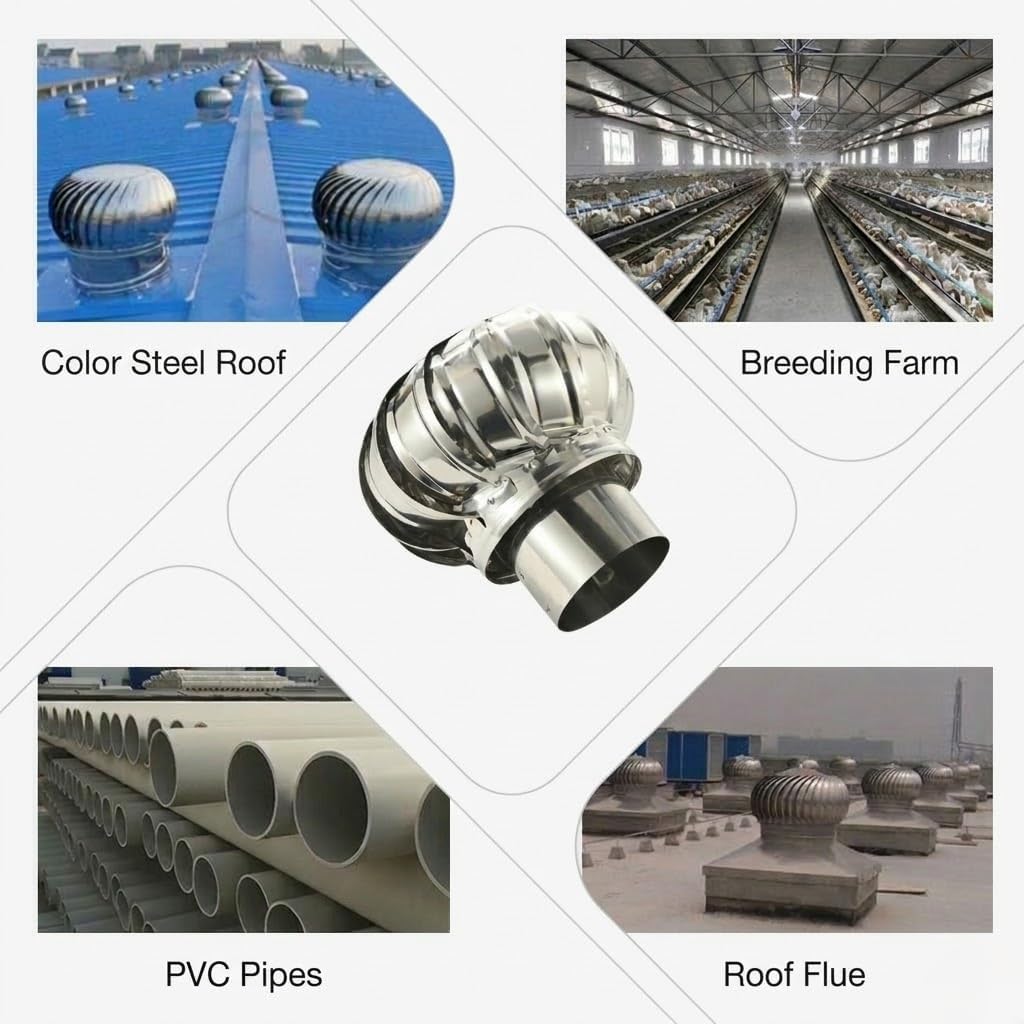 304 Stainless Steel Roof Vent, Wind Rotating Turbine Cap, Rainproof Flue Cover with Efficient Airflow, Easy Install Chimney Exhaust Cap with Clamp (Silvery 110 Type)