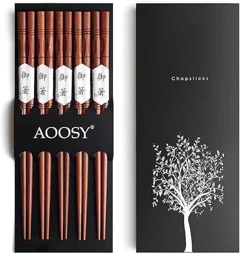 AOOSY - Juego de 5 pares de palillos reutilizables de madera natural, palillos de palisandro tallados a mano, aptos para lavavajillas,