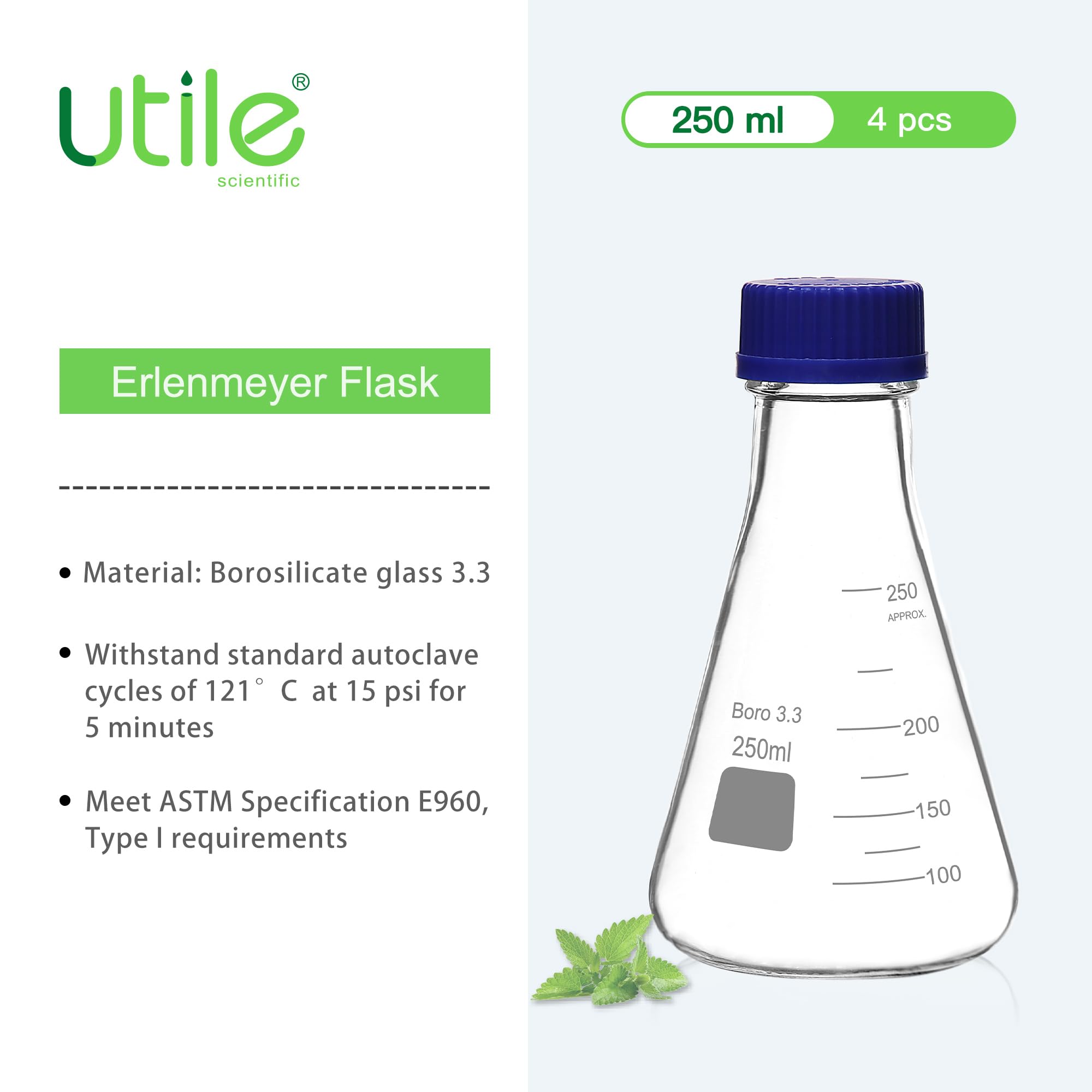 Utile Lot de 4 fioles Erlenmeyer en verre borosilicate 3.3 avec bouchon bleu, 250 ml, pour expériences en laboratoire, sciences de la chimie, 4016.0752.4