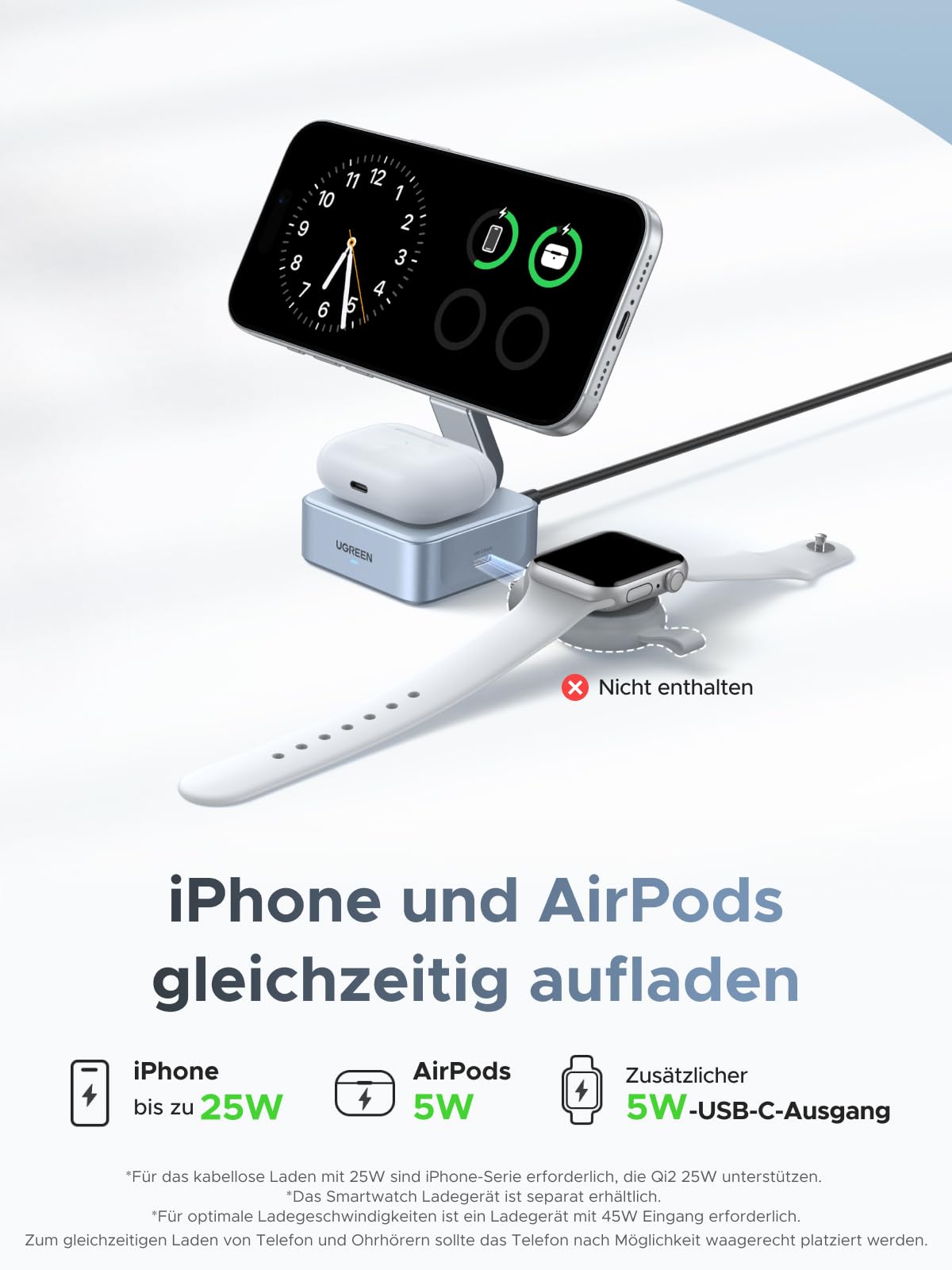 UGREEN MagFlow Qi2 25W 2 in 1 iPhone Faltbare Ladestation mit Magsafe | 70° neigbar und reisefreundlich, kabelloses Ladegerät, Qi2 zertifziert, kompatibel mit iPhone 17/16, Airpods, mit 1m Kabel