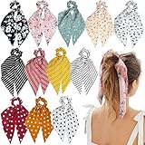 Sunaction 12 Pcs Hair Scarf Scrunchies For Women Chiffon Floral Scrunchie Scarf Hair Ties Scarf Ponytail Holder,Ribbon Scrunchie with Tails