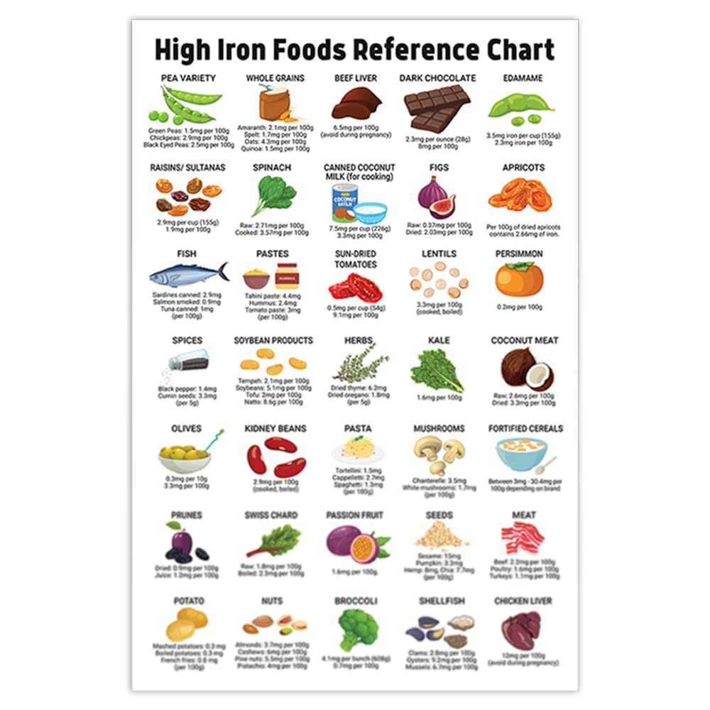 5M BOX Nutrition Healthy Food Poster, 12x18 Inches, High Fiber Food Reference, Rich Protein, Calcium Iron Food Wall Art, Patient Education, Healthy Nutritional Eating Guide Without Frame (High Iron)