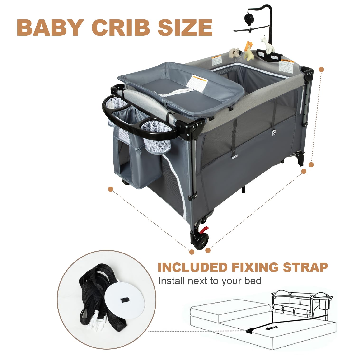 5-in-1 Pack and Play Portable Crib for Baby,Multifunction Bedside Crib from Newborn to Toddlers,U-Shaped Diaper Changer,Playard,Safety Strap,Carry Bag