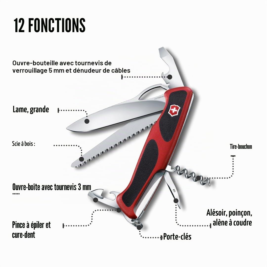 Victorinox Ranger Grip 79 Couteau multifonction de Poche Suisse, Multitool, 12 Fonctions, Lame Fixe, Ouverture Une Main, Rouge/Noir