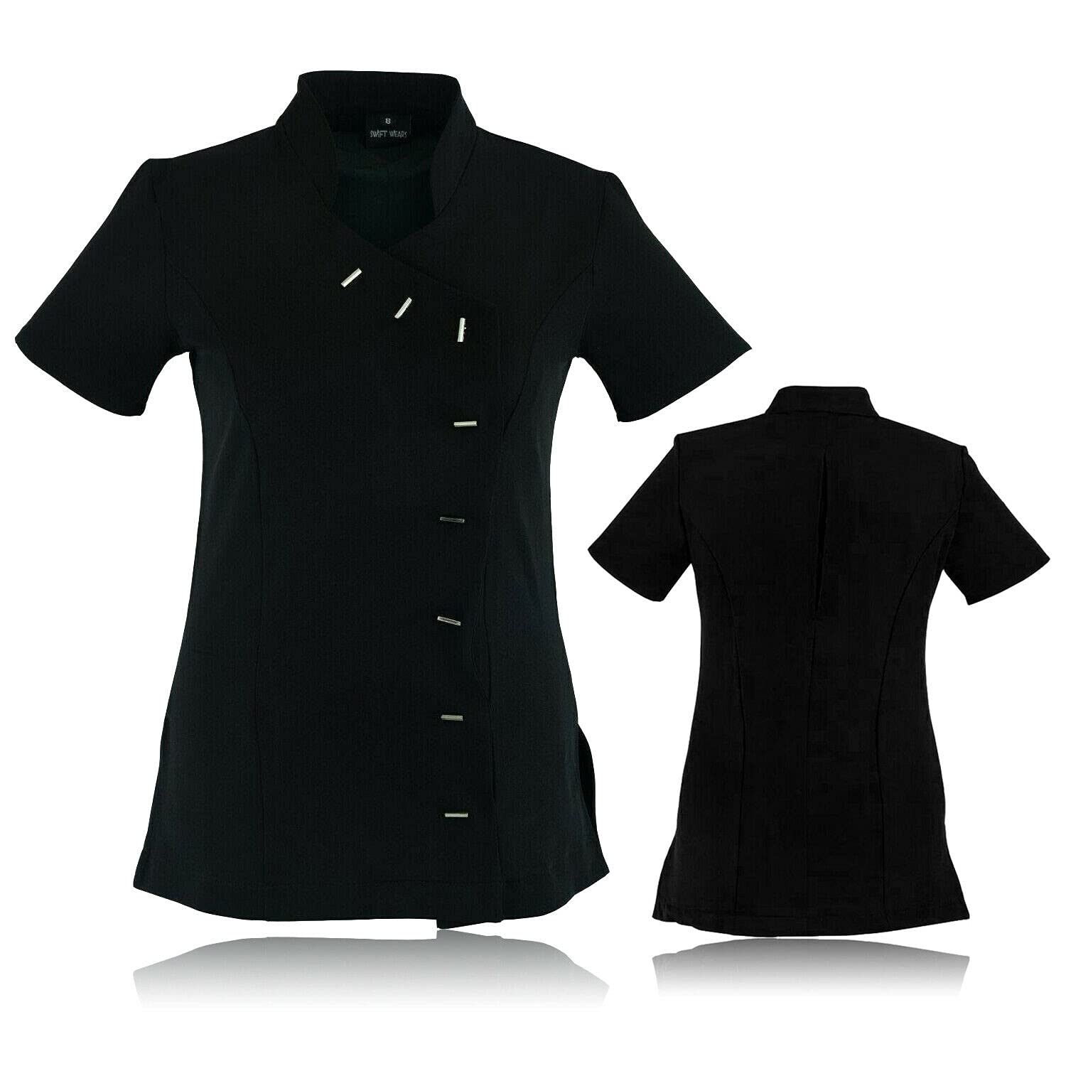 Beauty Tunic Hairdresser SPA Nail Salon Beautician Therapist Massaging Uniform Work Wear Cloths (Black, 16)