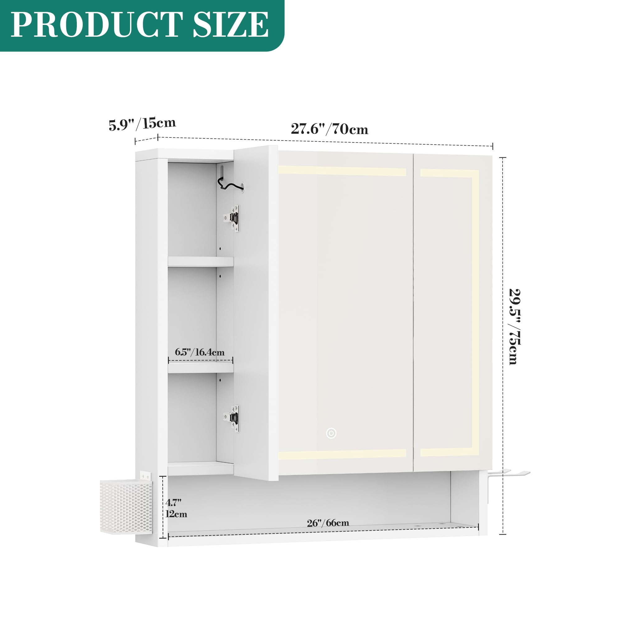 YITAHOME Spiegelschrank Bad mit Beleuchtung, 3 Türen LED Badezimmer Spiegelschrank, Steckdosen, Hängender Badezimmerschrank, Wandschrank, Badezimmerspiegel, 70W x 15D x 75H cm, Weiß