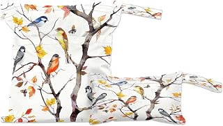 2-Pack Waterproof Wet Dry Bags for Swimsuits & Travel - Large & Small Sizes with Snap Handles, Lightweight Little Bird Tree Print Polyester Bags (11.8"x13.5" + 8.7"x5.1")
