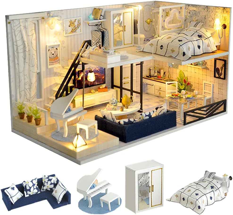 TuKIIE DIY Miniature Dollhouse Furniture Kit, 1:24 Scale Mini Wooden Doll House Accessories Plus Dust Proof for Kids Teens Adults(Loft Apartment)