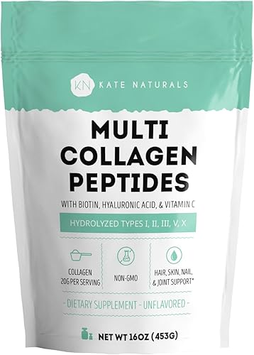 Kate Naturals Péptidos de colágeno múltiple con biotina, ácido hialurónico y vitamina C (16 onzas, hidrolizados, sin sabor) Tipos I, II, III, V, X