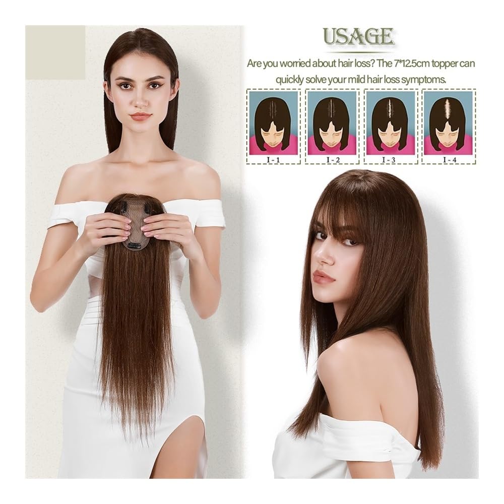 Topper for capelli umani con frangia for donna, clip for parrucche | Base 7x12,5 cm,traspirante，for capelli diradati capelli grigi donne posticci for aggiungere volume(14 inches,GREY)