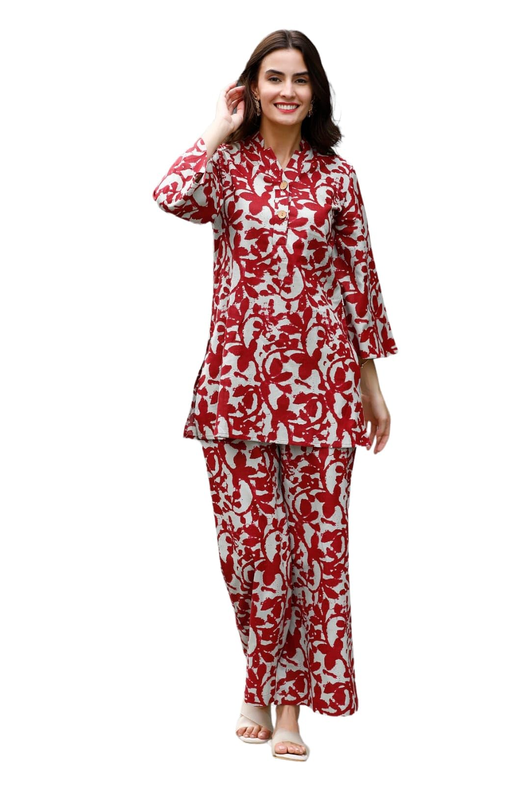 jisora Women’s Printed Khadi Cotton-Maroon Loungewear Set-picture-55
