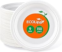 ECOLipak 150 Pack 9-Inch Compostable Paper Plates - Heavy Duty Sugarcane Bagasse, Biodegradable, Microwave Safe for Parties & BBQs