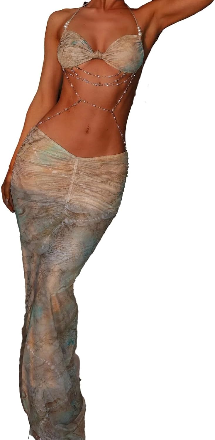 Women's Two Piece Maxi Skirt Sets Summer Beach Sexy Ruched Backless Pearls Chain Decor Crop Top and Cut Out Skirt