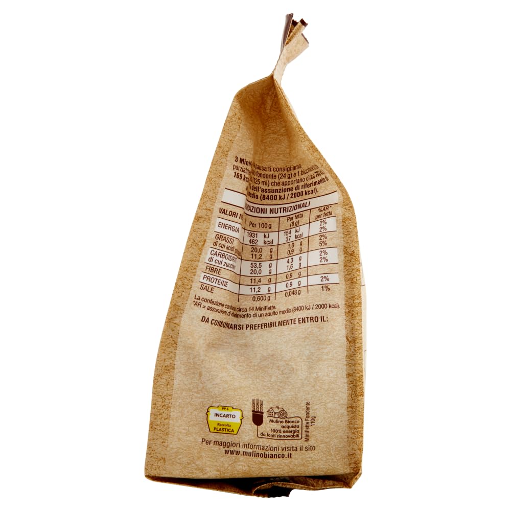 Mulino Bianco Lot de 12 mini graisses integrali au chocolat noir, riches en fibres, biscottes complètes sans huile de palme 110 g + polpa gourmet italien 400 g
