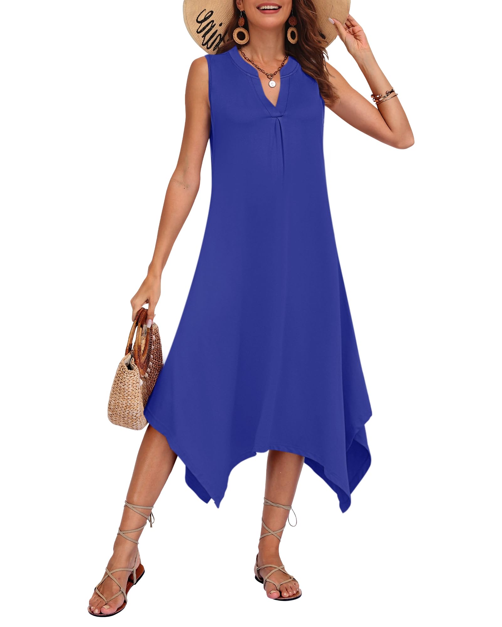 AUSELILY Womens Summer Midi Dress V Neck Sleeveless Casual with Pockets