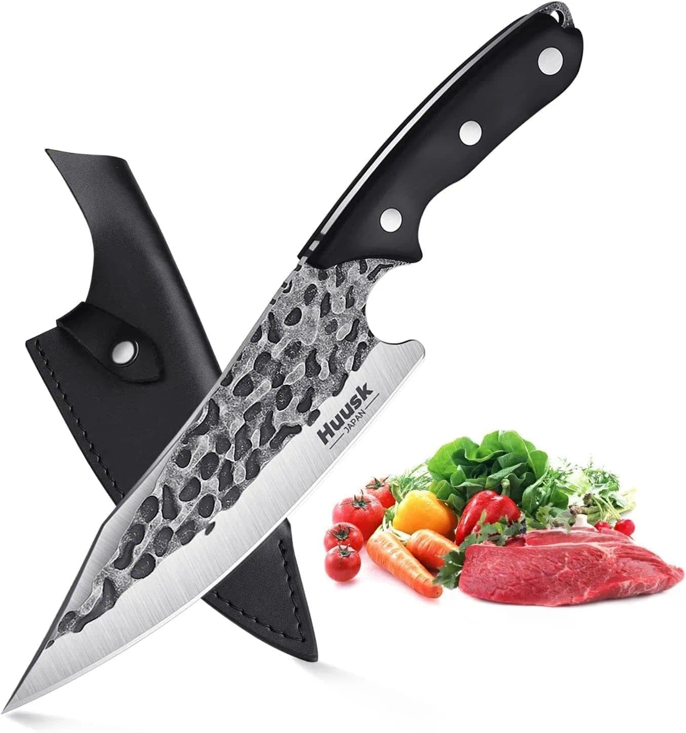 Huusk Chef Knife with Sheath Viking Knives Forged from High Carbon Steel Boning Knives for Meat Cutting Full Tang Butcher Knives Outdoor Cooking Knives for Kitchen Christmas Gift for Men and Women