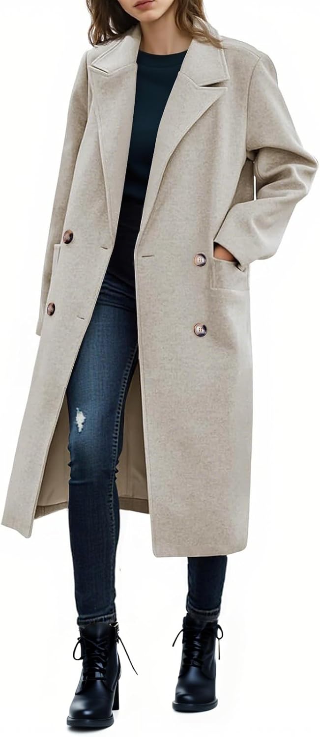 Saodimallsu Womens Winter Double Breasted Pea Coats Long Trench Coat Casual Work Office Overcoat with Pocket