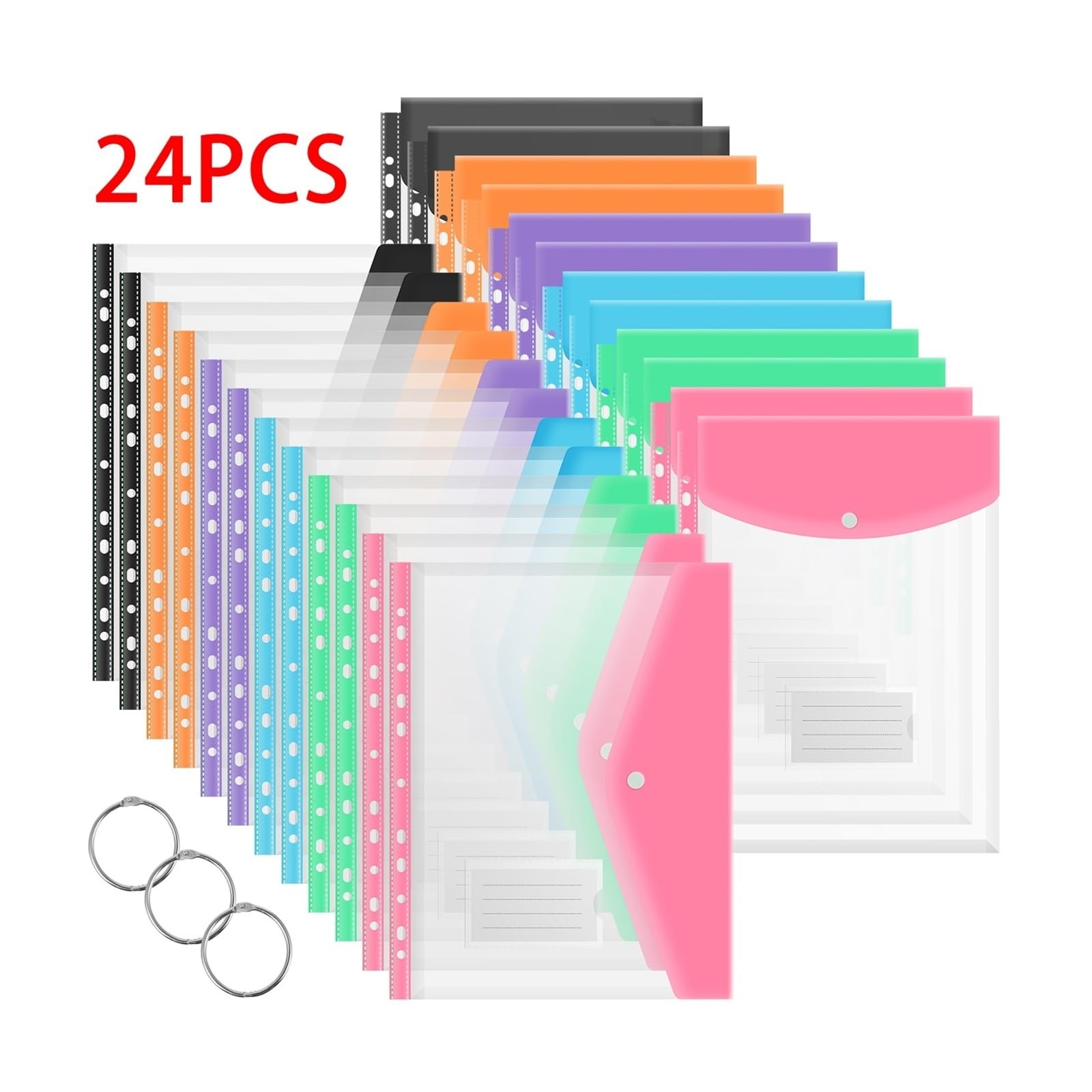 Cartelline Trasparenti 24 cartelle raccoglitore tascabile formato A4 buste impermeabili espandibili trasparente con bottone a pressione for ufficio scolastico(Style A 24 Pcs)