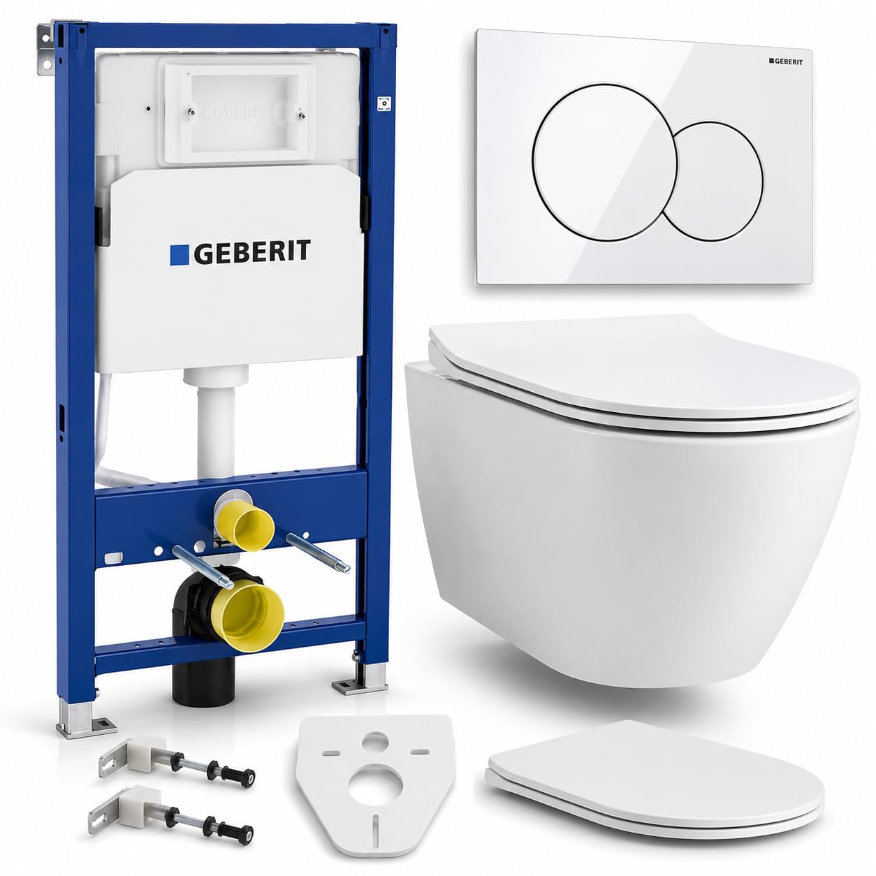 BADLAND Kit WC Geberit Duofix Basic UP 100 avec panneau de protection et WC mural Desna Blanc + plaque d'actionnement Delta01 Blanc + abattant WC Slim Soft Close + tapis d'insonorisation