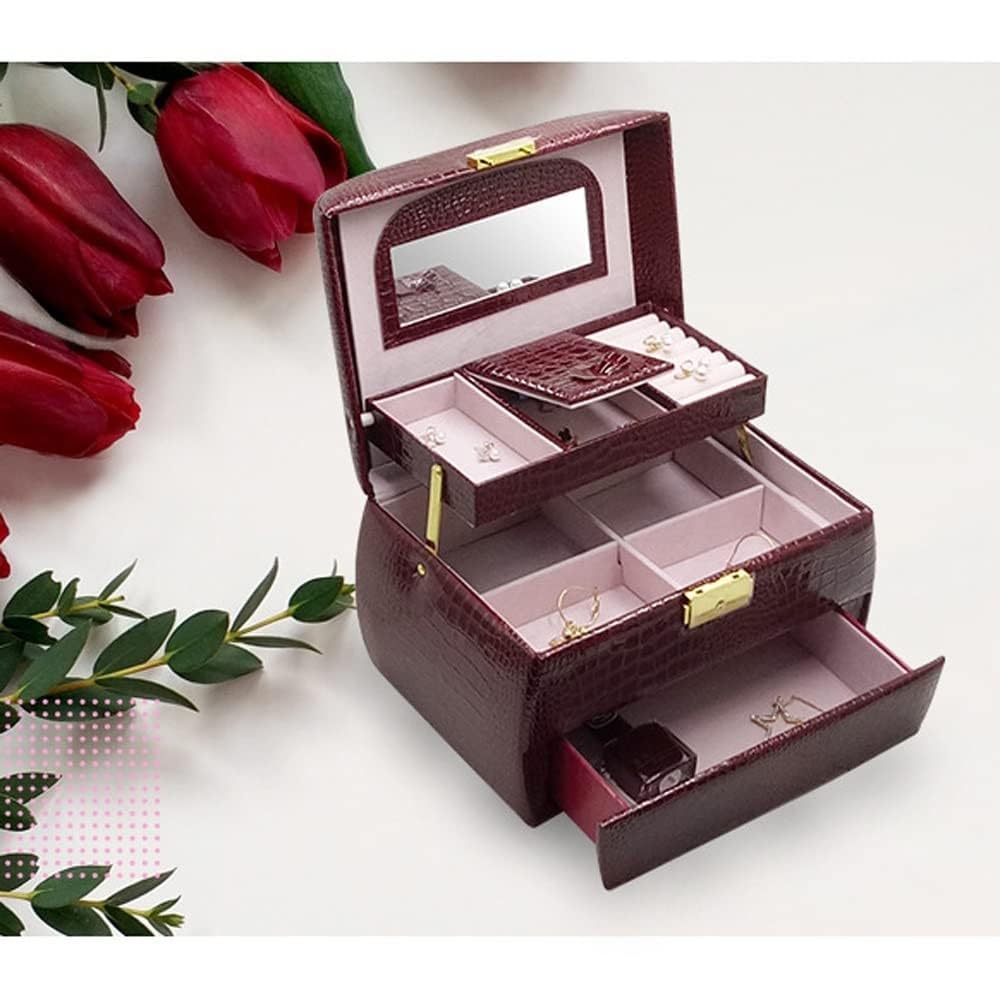 Joyero organizador, estuche de almacenamiento multicapa de piel sintética con espejo para collares, anillos, aretes y pulseras