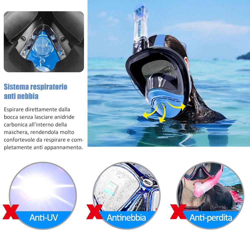 Maschera Subacquea,Doppia Palla Galleggiante Maschera Snorkeling,180° Anti-Nebbia Leak Proof Maschera Facciale Integrale Snorkeling,Fotocamere Compatibili Bambini,Adulti
