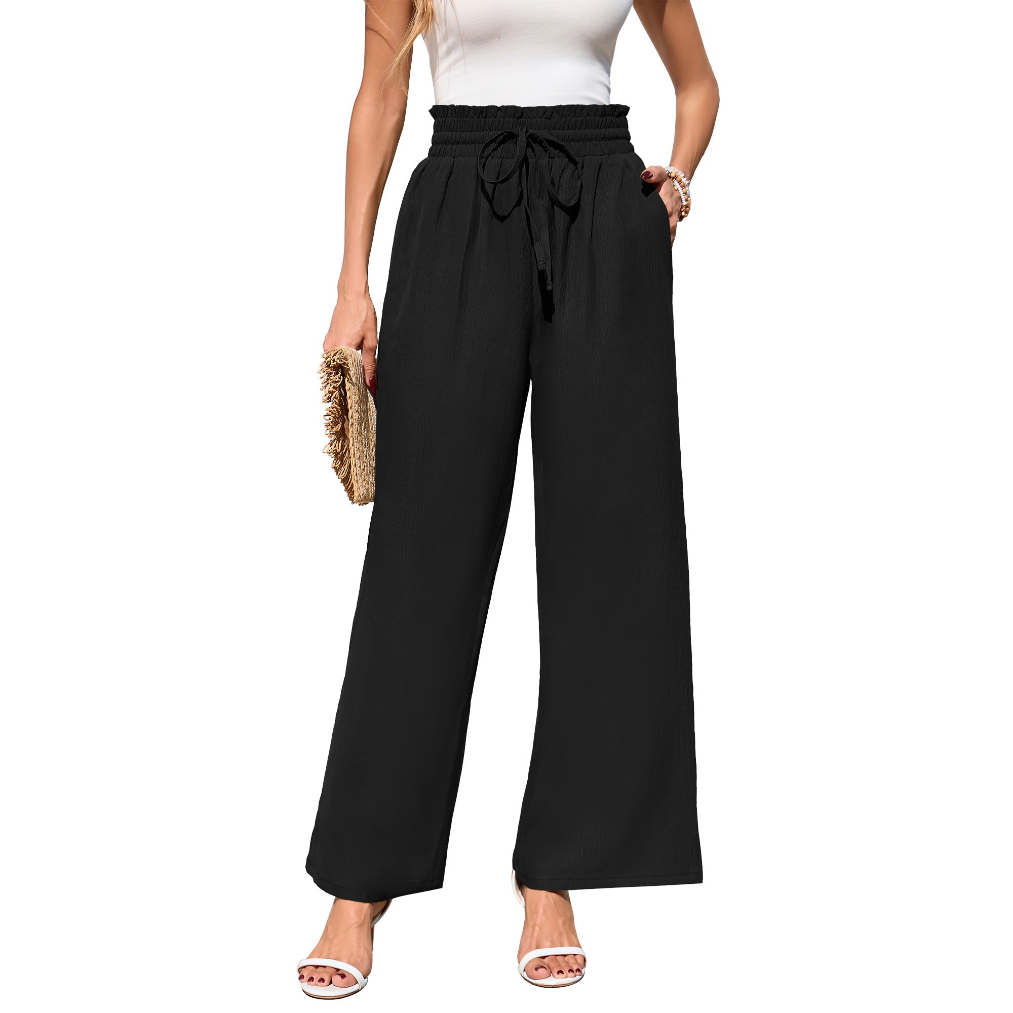 Witsmile Women High Waisted Casual Wide Leg Pants Trousers Elastic Comfy Loose Straight Pants with Pocket