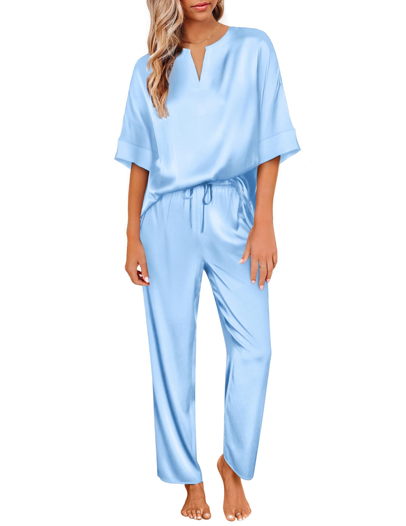 Ekouaer Satin Damen Schlafanzug V-Ausschnitt Pyjama Set Nachtwäsche Lang Pyjamahose Loungewear Freizeitanzug für Sommer,Blau,XXL