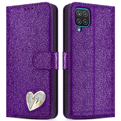 Étui à rabat en cuir brillant pour Samsung Galaxy A12 avec support et paillettes Violet Cover