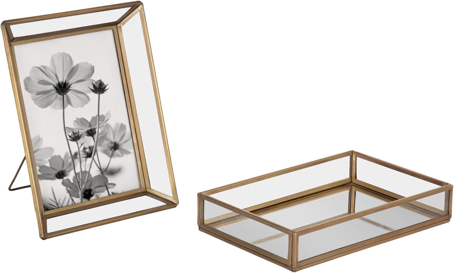 Kate and Laurel Nevala Decorative 5x7 Picture Frame and Tabletop Tray, Set of 2, Antique Brass, Vintage Decor Set Including Photo Frame and Decor Tray