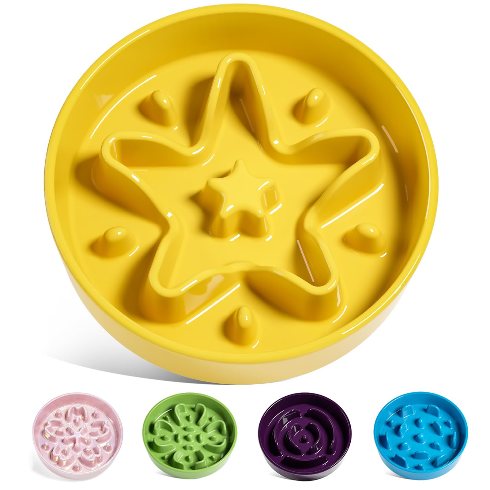LE TAUCI Slow Feeder Dog Bowls Ceramic, 1.5 Cups Dog Food Bowl, Puppy Slow Feeder Dish for Fast Eaters, Star Yellow
