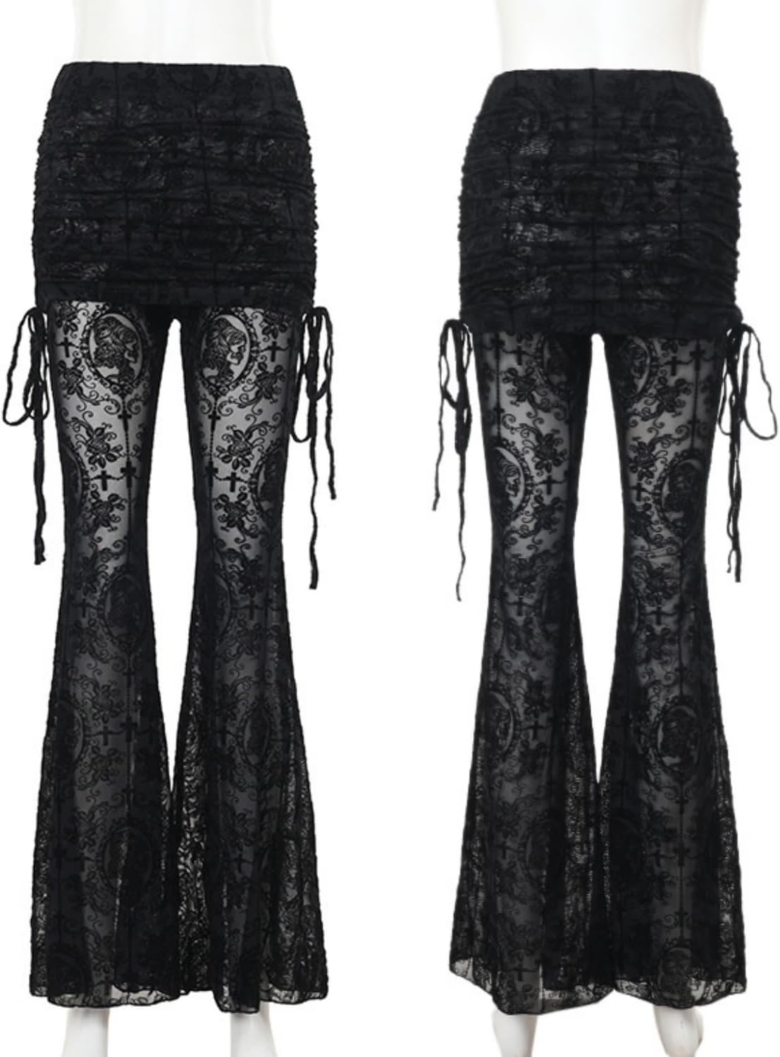 JUMISEE Women’s Flocking Floral Gothic Bell Bottom Pants Sexy Sheer Mesh Tiered Flare Pants Side Drawstring Trousers - Image 5