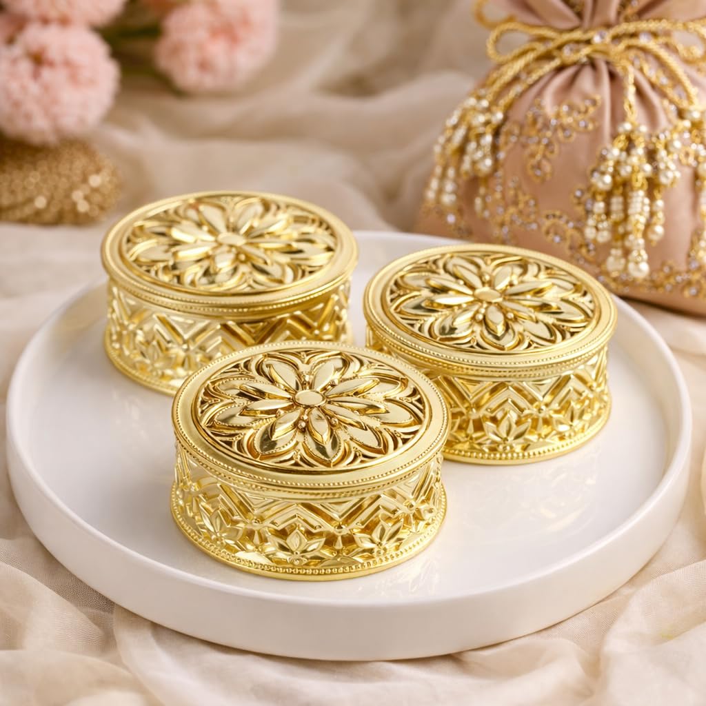 SATYAM KRAFT 6 Pcs Round Golden Acrylic Decorative Boxes | Mini Storage, Gift Box, Wedding & Pooja Favors, Ring & Jewelry Trinket Case, wedding returns gifts (Gold, Round) (3.5 x 8 cm)-image-43