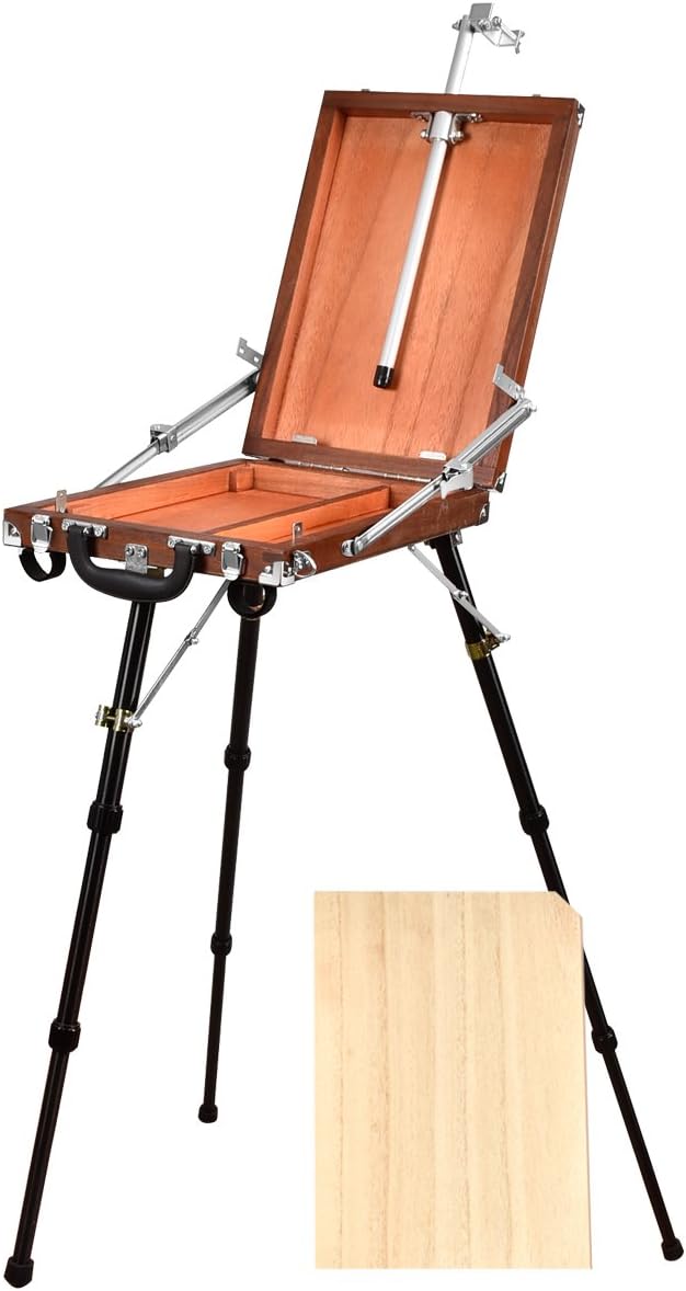 Portable Art Easel for Painting, QINUKER French Style Wooden Artist Easel & Sketchbox, Wooden Pallete and Shoulder Strap