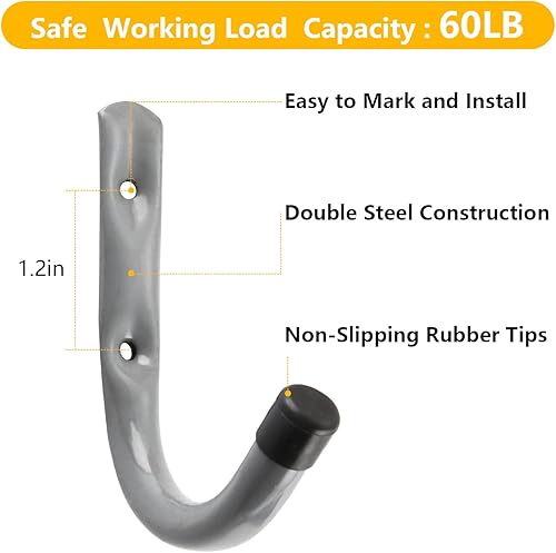 Miniatura 2 de HOME MASTER HARDWARE Paquete de 12 ganchos de pared de almacenamiento de garaje resistentes de 4 pulgadas, ganchos de acero J para colgar escaleras,