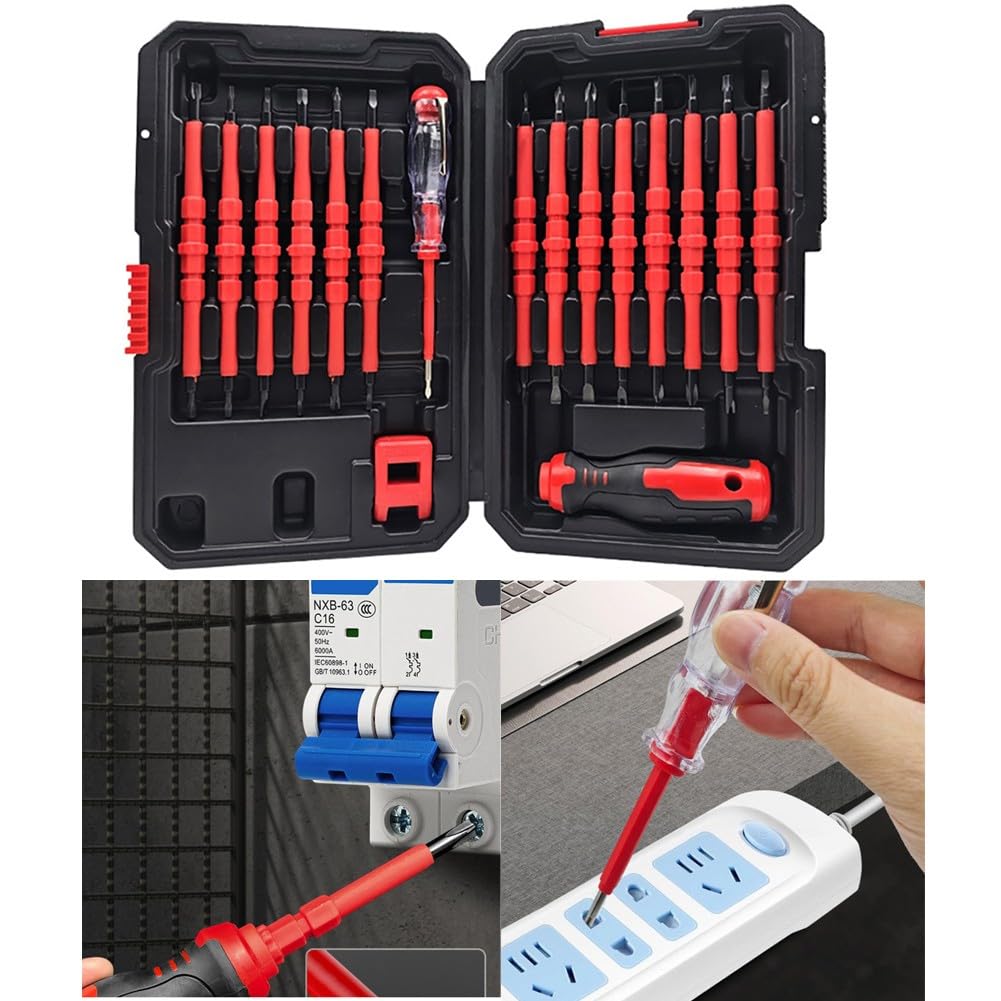 EasyByMall Juego de destornilladores aislados 31 en 1 con probador de voltaje, kit de herramientas de electricista para puntas de estrella hexagonales cruzadas, magnetizador, mango antideslizante